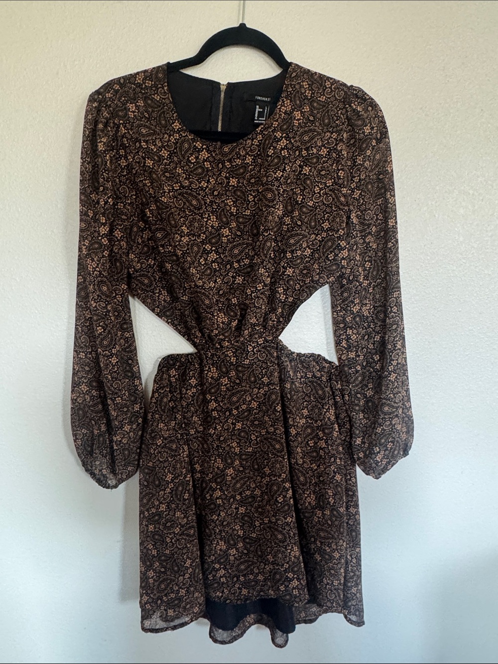 Forever 21 Brown Paisley Cutout Long-Sleeve Mini Dress